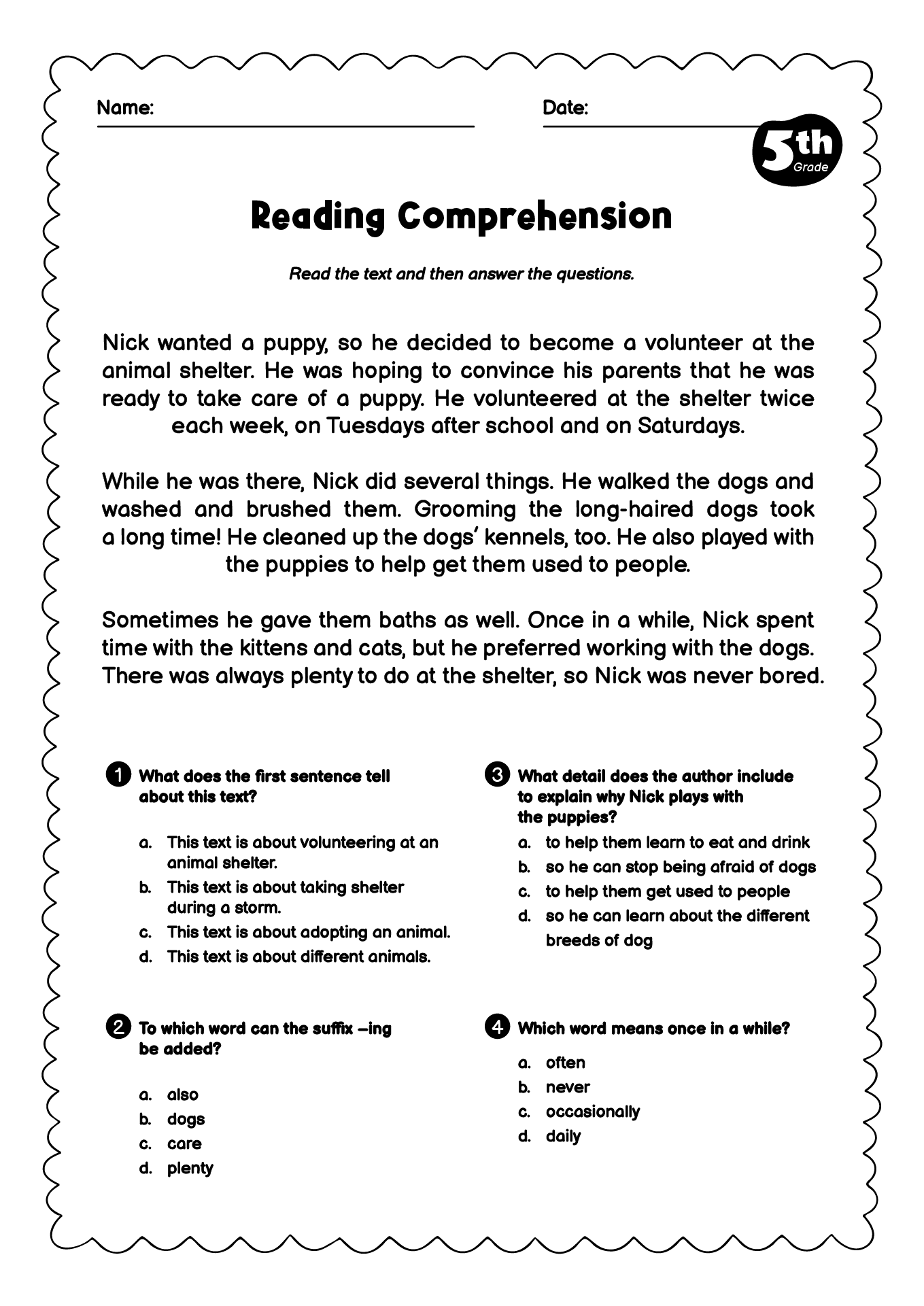 Reading Comprehension Worksheets 5th Grade Pdf