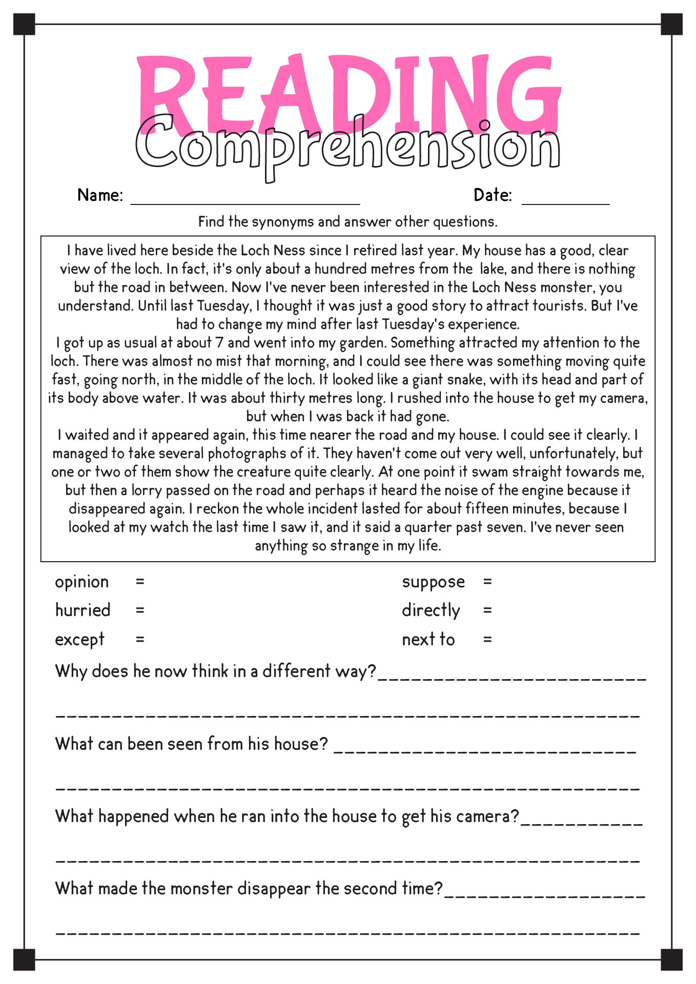 Reading Comprehension Worksheets For High School