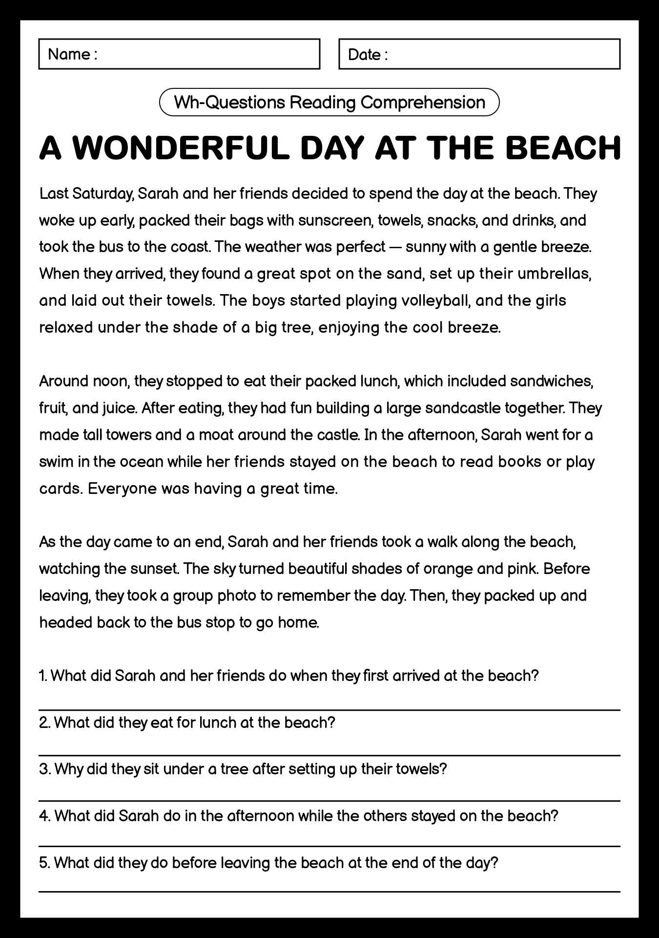 Reading Comprehension Wh Questions Worksheets