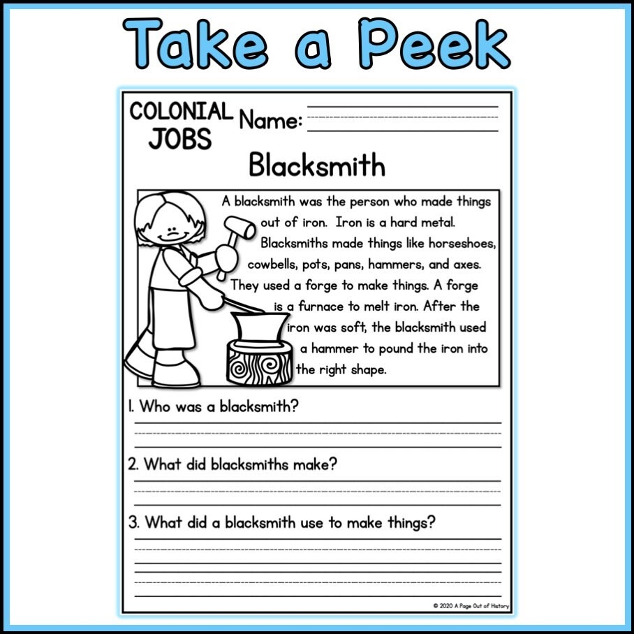 1st 2nd Grade Reading Comprehension Colonial Jobs Passages U0026 Questions Classroom Homeschool No Prep Printable Standards aligned Etsy