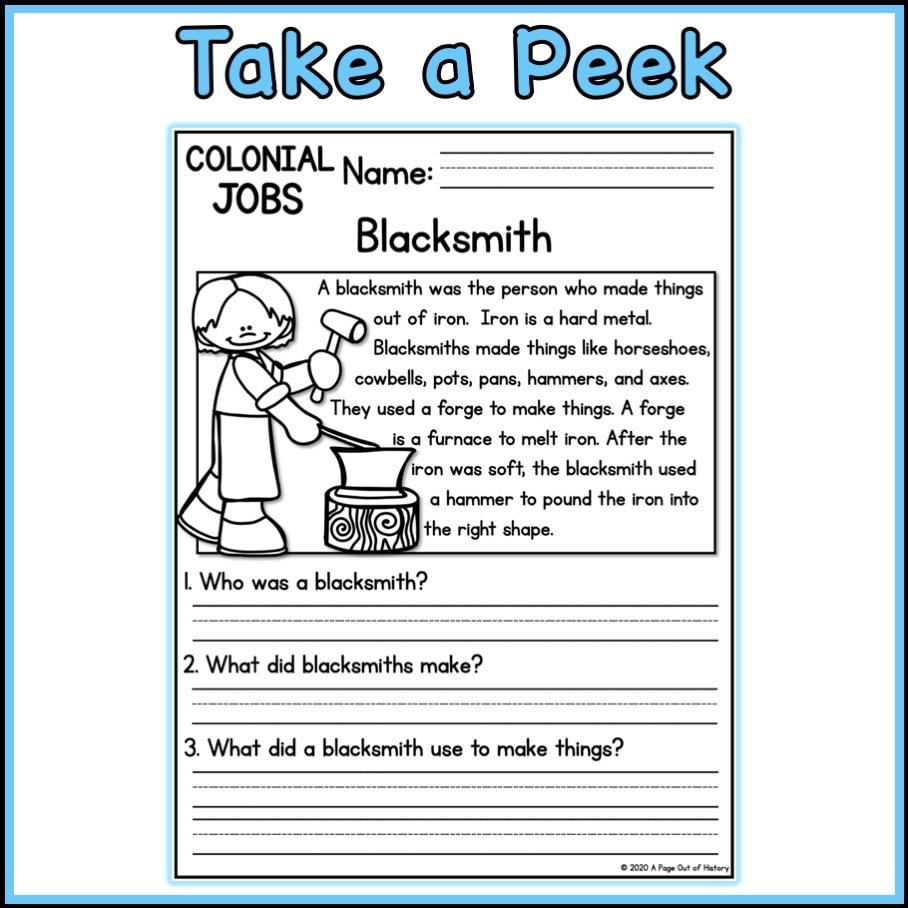 1st 2nd Grade Reading Comprehension Colonial Jobs Passages U0026 Questions Classroom Homeschool No Prep Printable Standards aligned Etsy