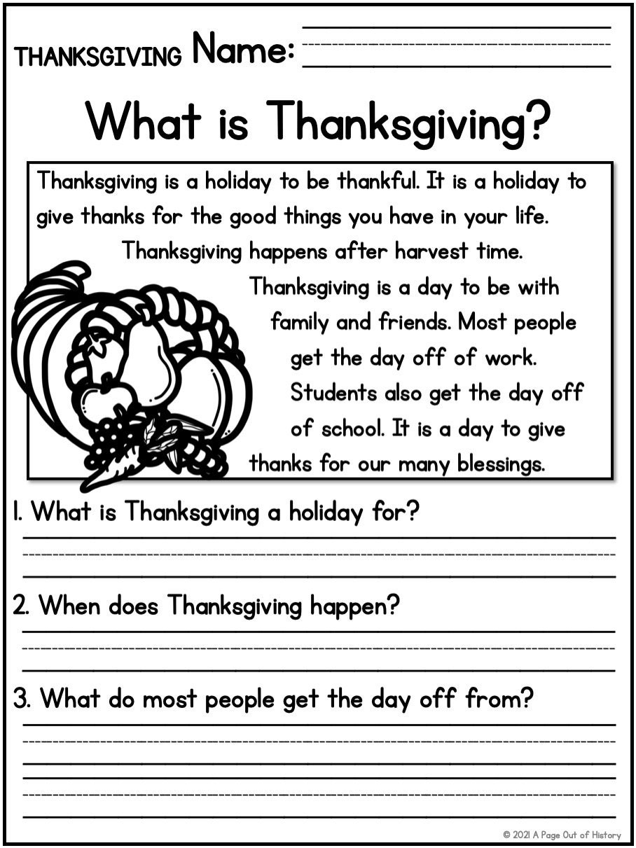 1st 2nd Grade Reading Comprehension Thanksgiving Passages 
