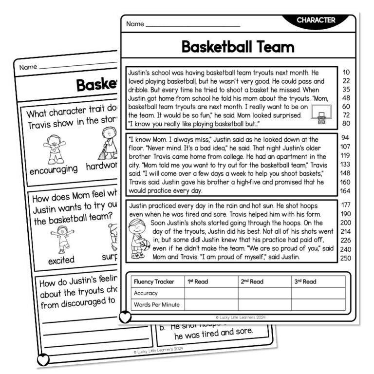 2nd Grade Character Reading Passage Basketball Team At Lucky