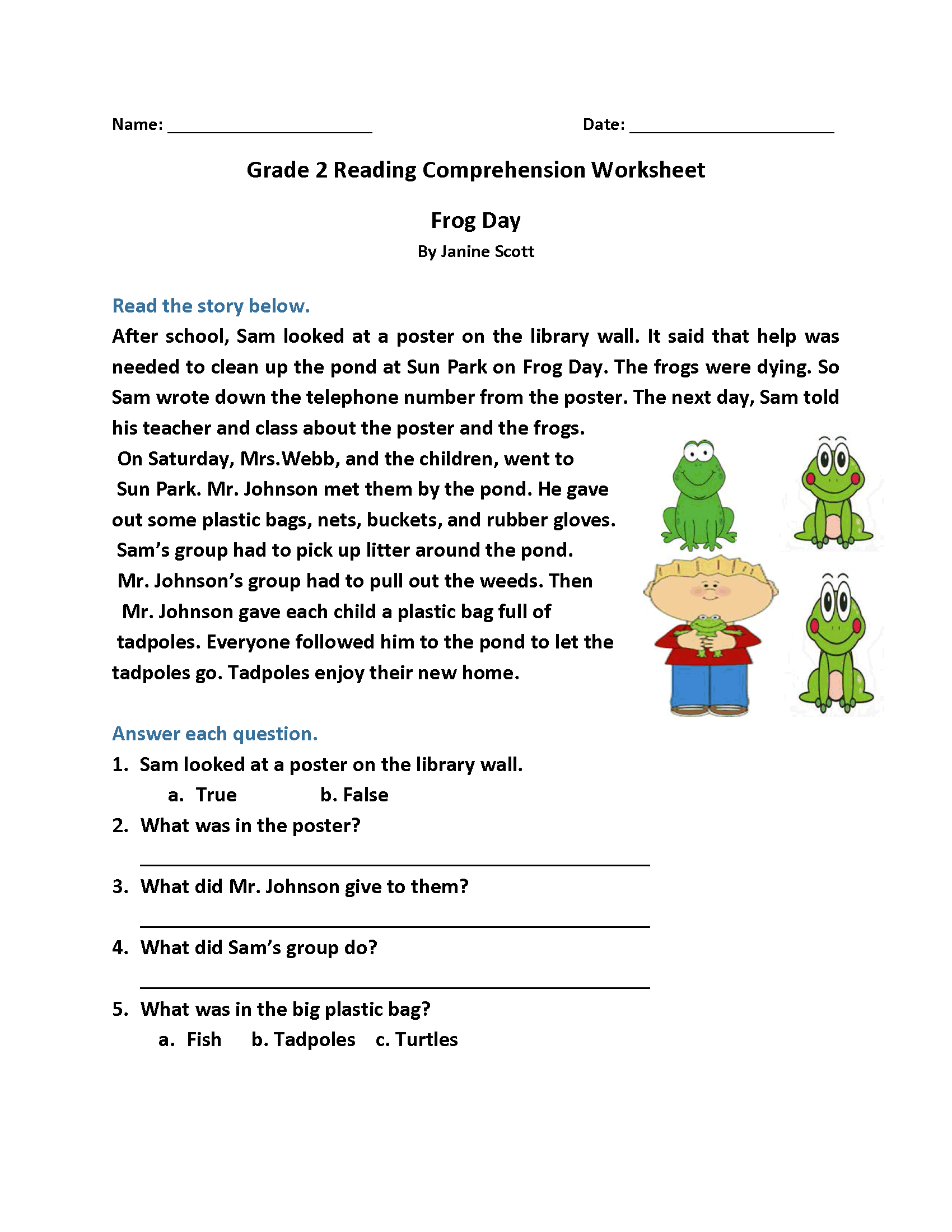 Reading Comprehension Worksheets For 2nd Graders