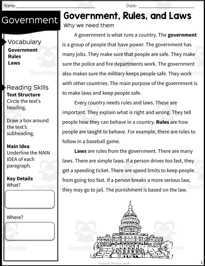 2nd Grade Reading Packet Government Rules And Laws