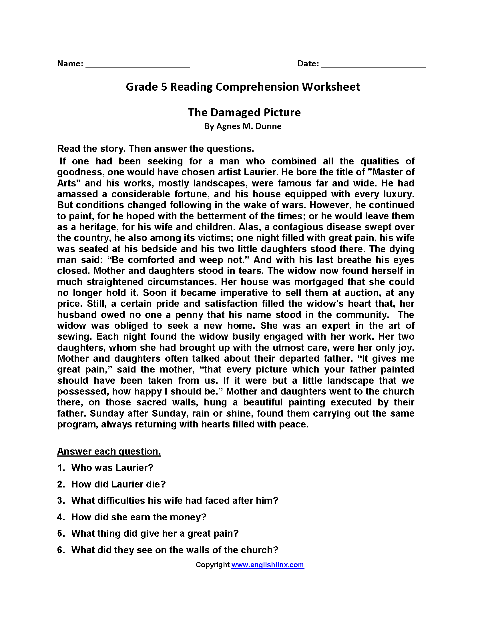 5th Grade Reading Comprehension Worksheets Worksheets Library