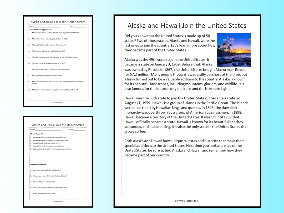 Alaska And Hawaii Join The United States Reading Comprehension Passage Printable Worksheet Teaching Resources