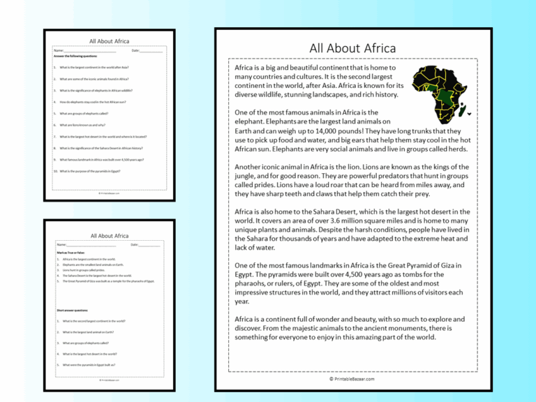 All About Africa Reading Comprehension Passage Printable Worksheet
