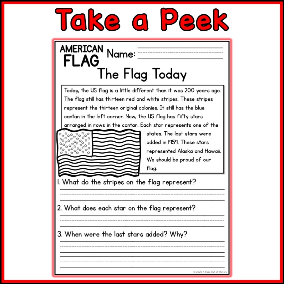 American Flag Social Studies Reading Comprehension Passages K 2 