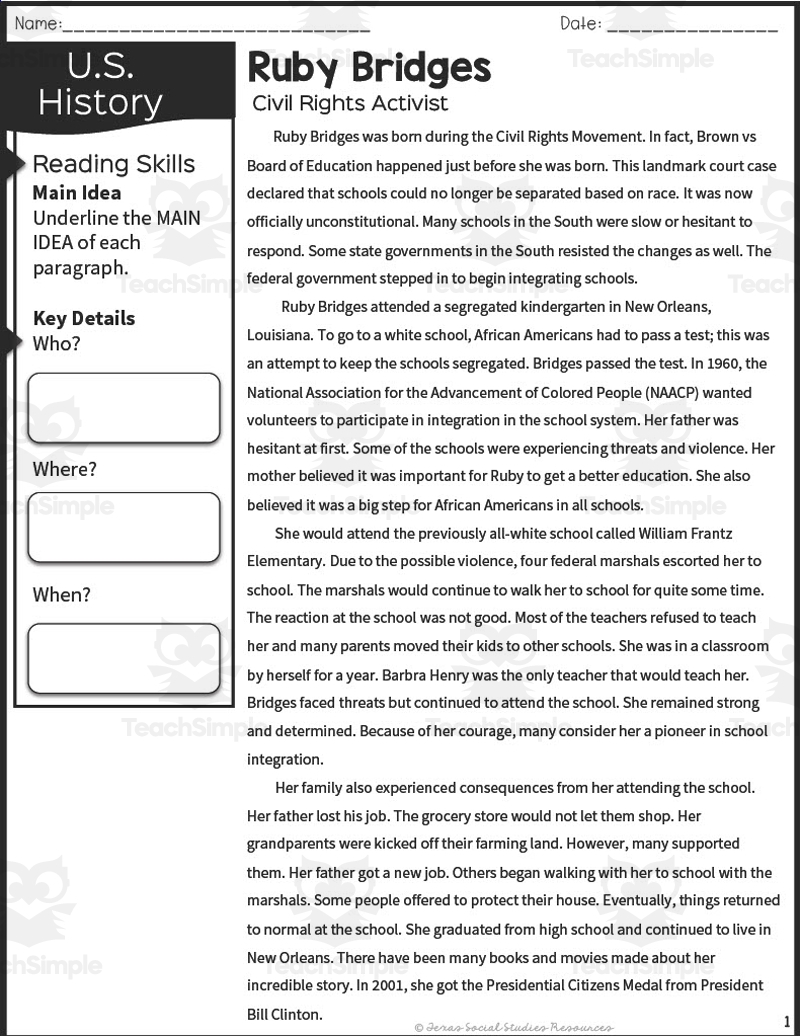 American History Ruby Bridges Reading Packet By Teach Simple