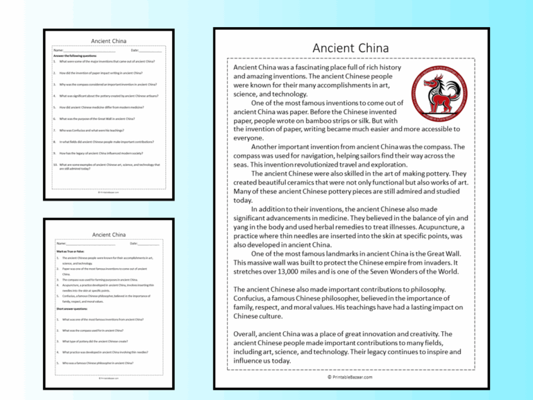 Ancient China Reading Comprehension Passage Printable Worksheet