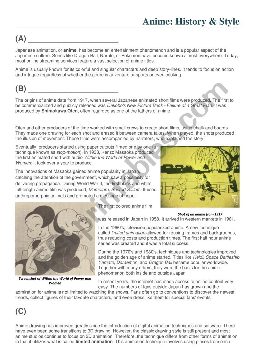 Anime History And Style reading Comprehension ESL Worksheet By 