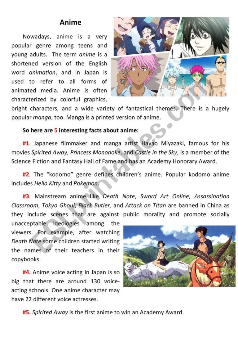 Anime Reading U0026 Matching Activity 2 Upper Intermediate ESL