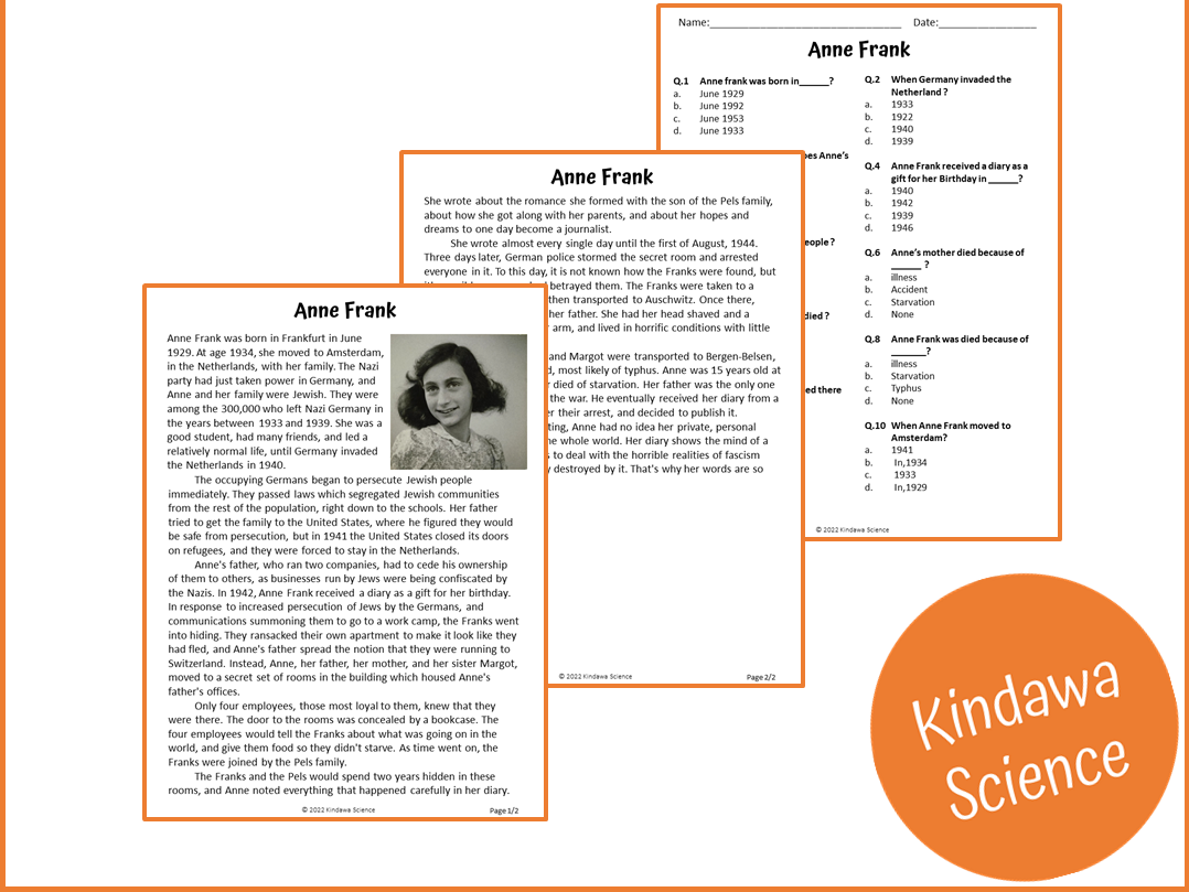 Anne Frank Reading Comprehension Worksheets