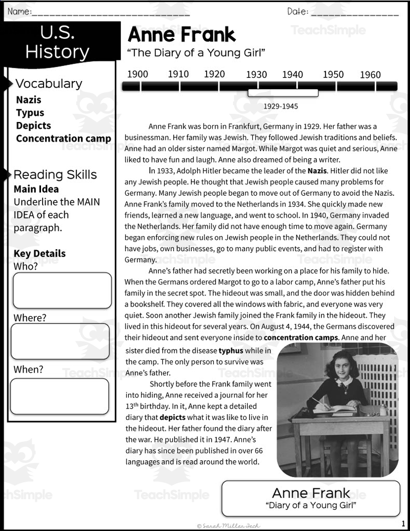 Anne Frank Reading Packet