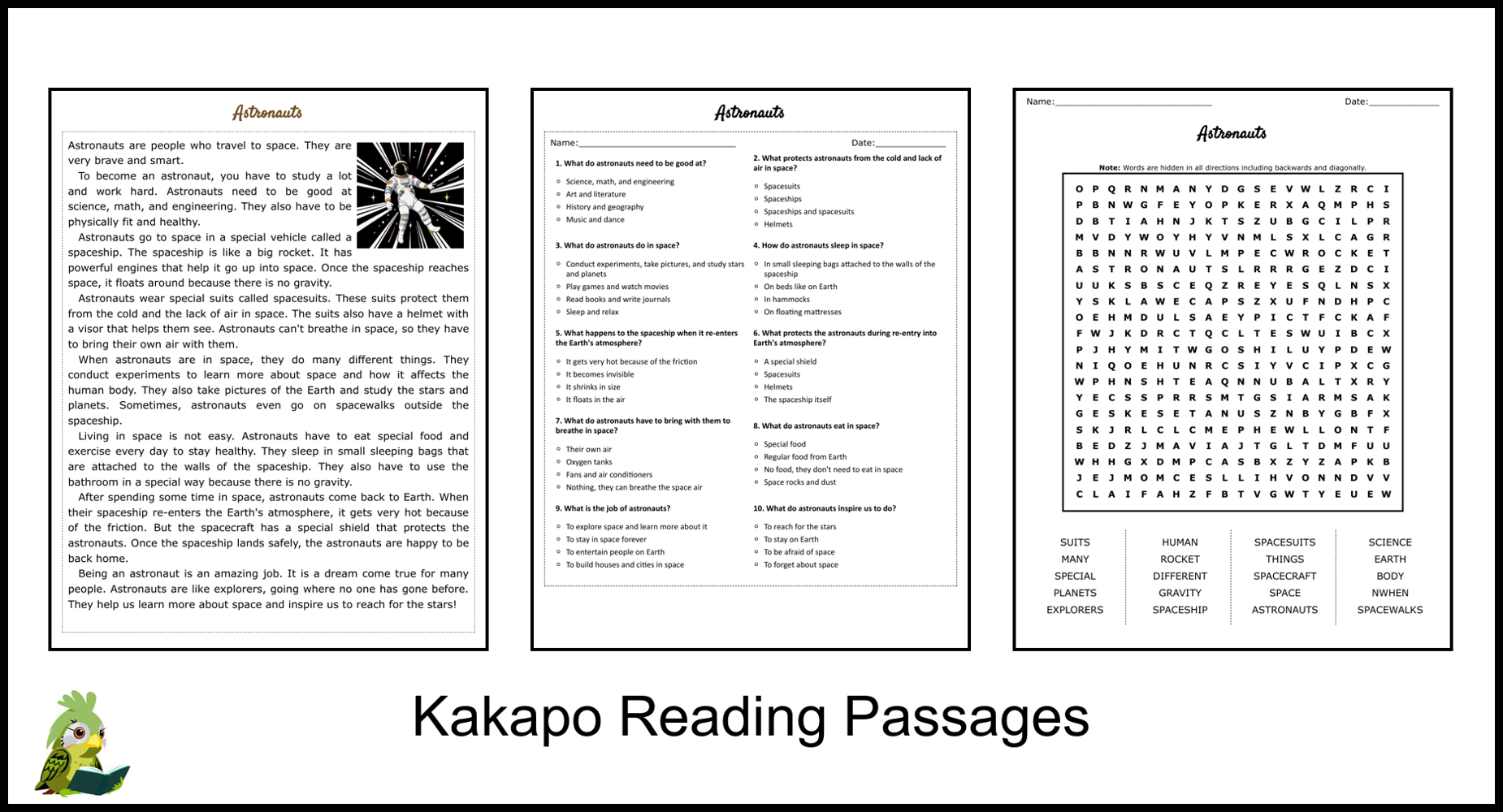 Astronaut Reading Comprehension Worksheet