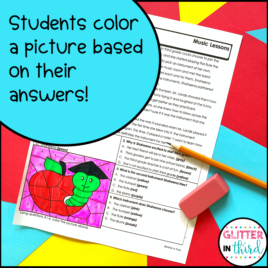 Back To School Reading Comprehension Worksheet Color By Number Glitter In Third