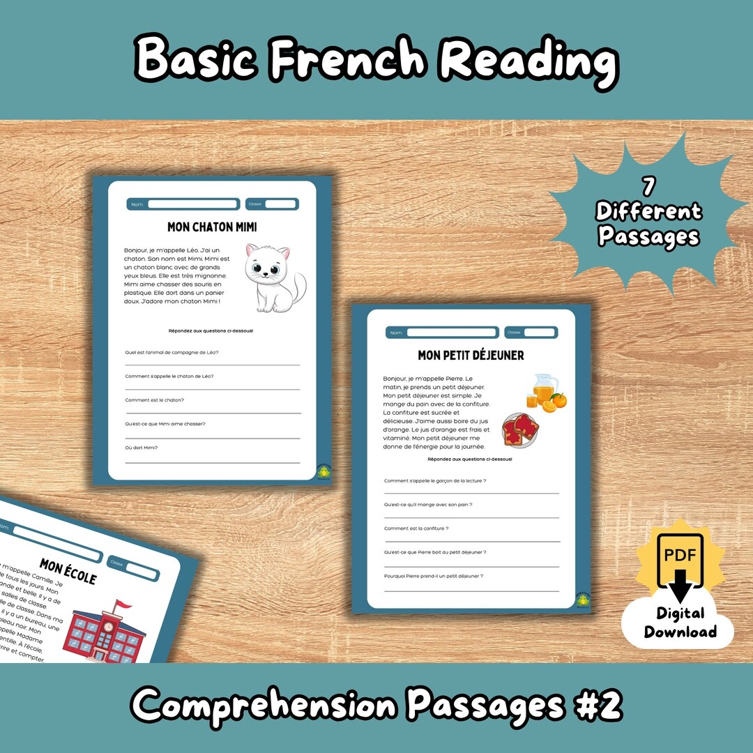 Basic French Reading Comprehension 2 french Learning Classroom Printable Reading Passages Beginner Levels Basic Core Themes vocabulary Etsy