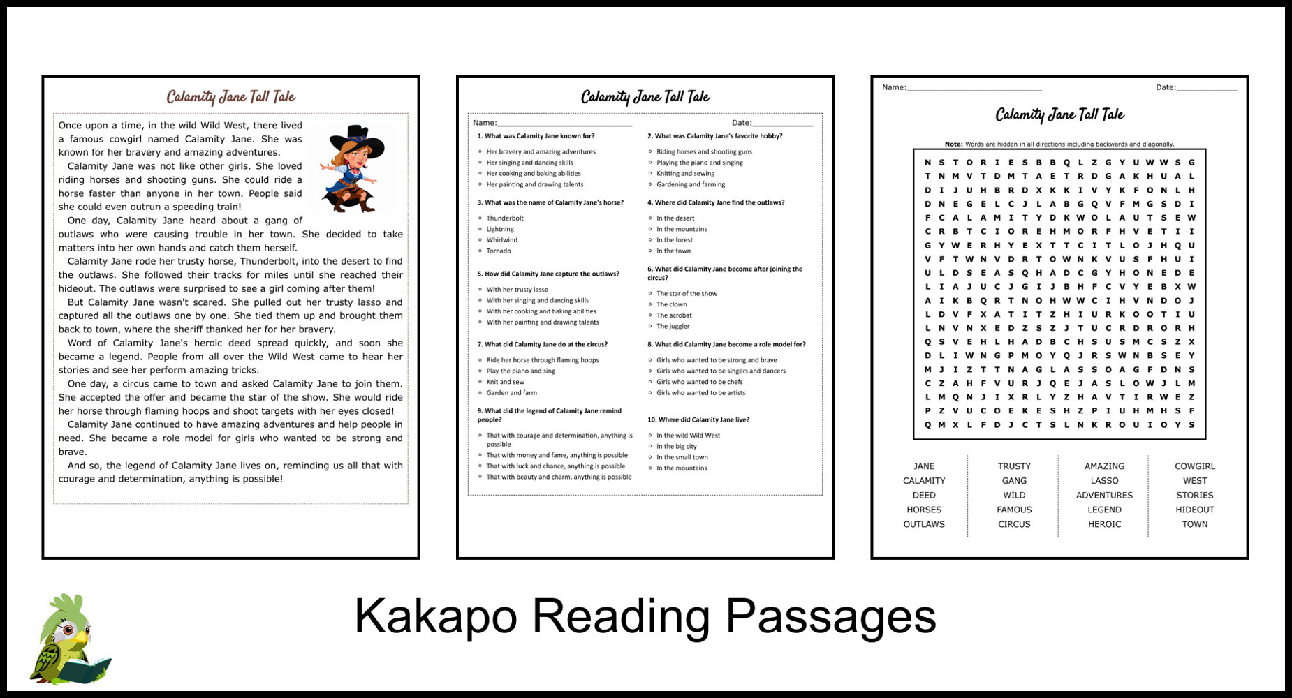 Calamity Jane Tall Tale Reading Comprehension And Word Search Teaching Resources