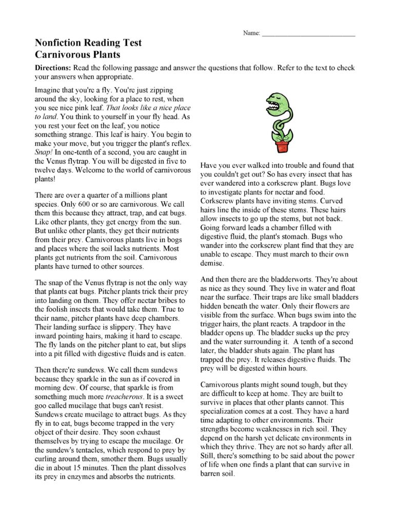 Carnivorous Plants Nonfiction Reading Activity