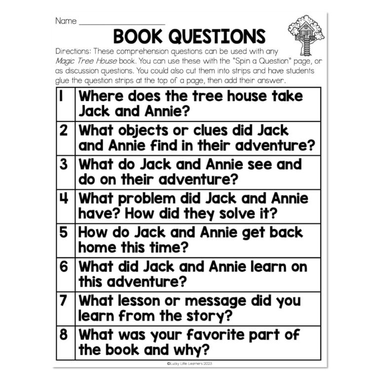 Chapter Book Companion Magic Tree House Book Questions Lucky