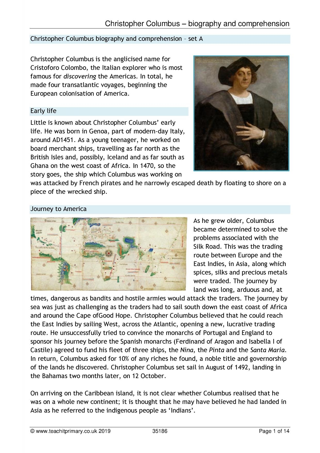 Free Christopher Columbus Reading Comprehension Worksheets