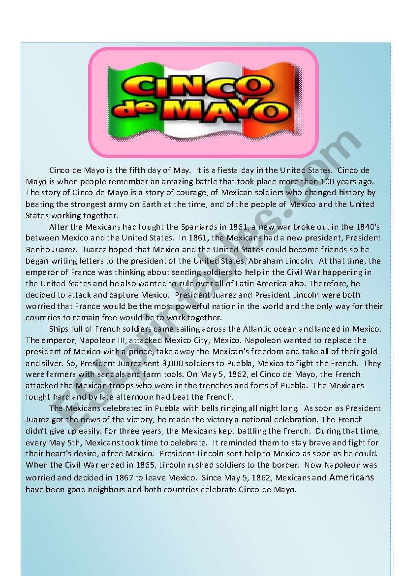 Cinco De Mayo Reading Comprehension Worksheets