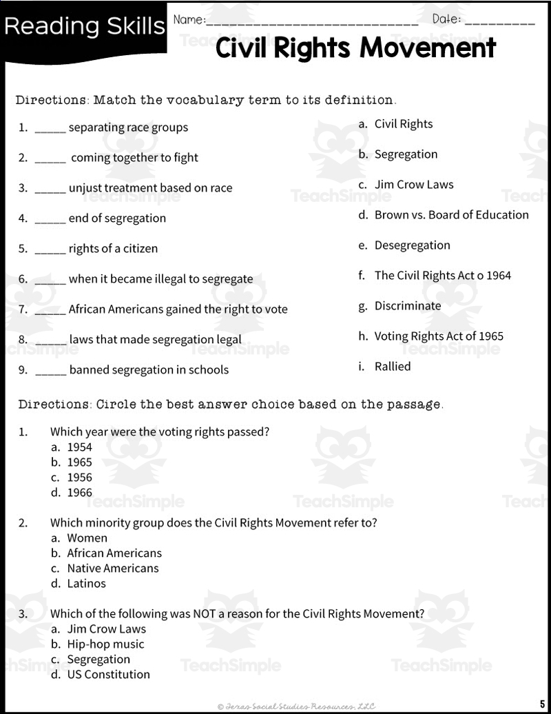 Civil Rights Reading Comprehension Worksheets Pdf