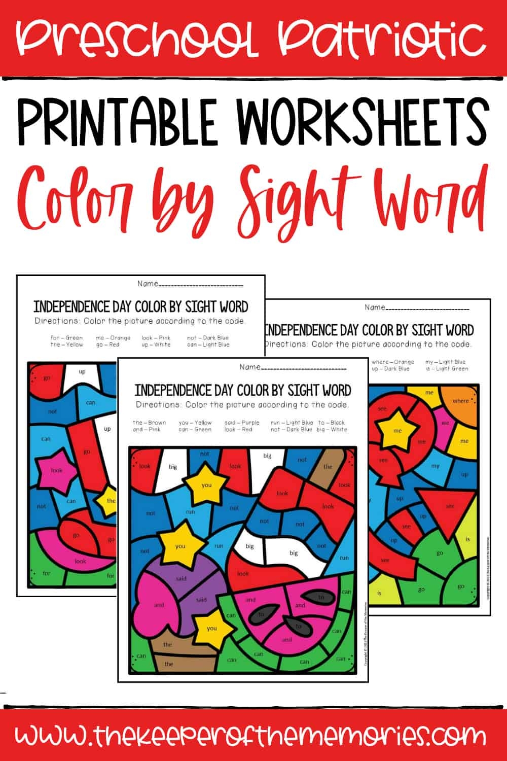 Color By Sight Word Independence Day Preschool Worksheets