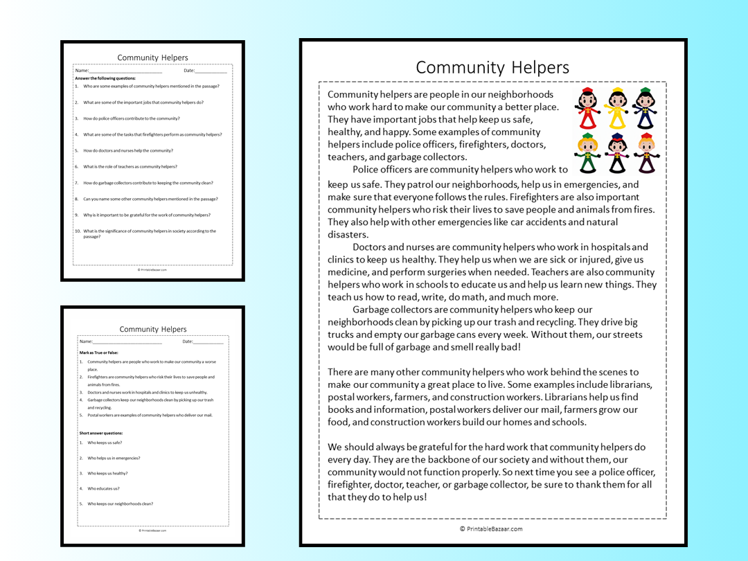 Community Helpers Reading Comprehension Worksheets