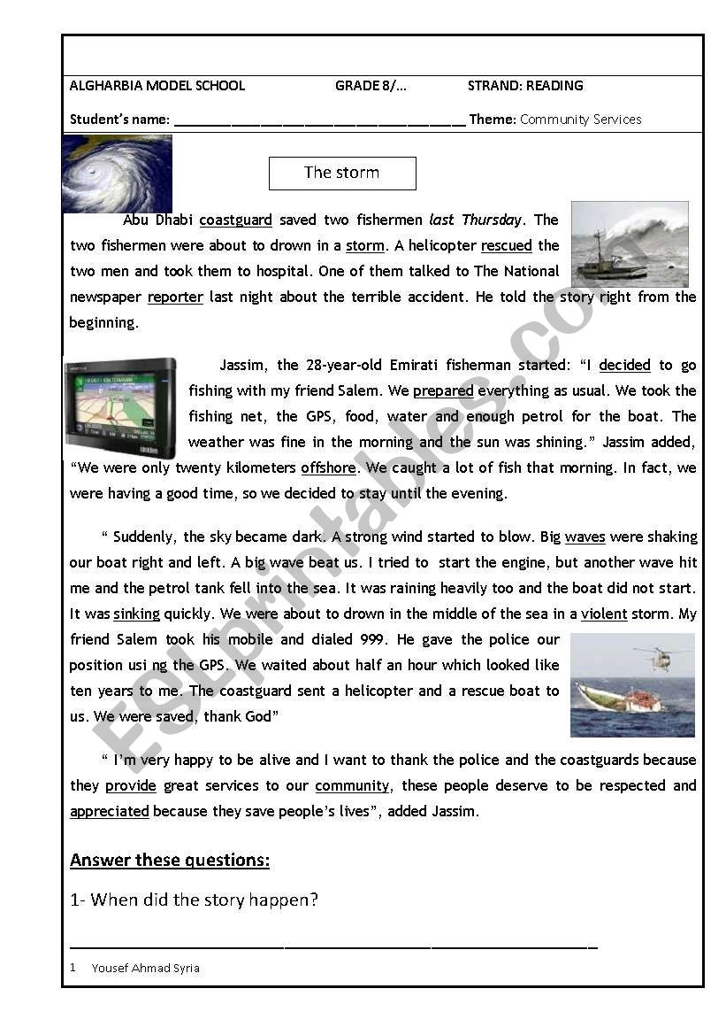 Community Helpers Reading Comprehension Test The Storm ESL Worksheet By Shmiskeen