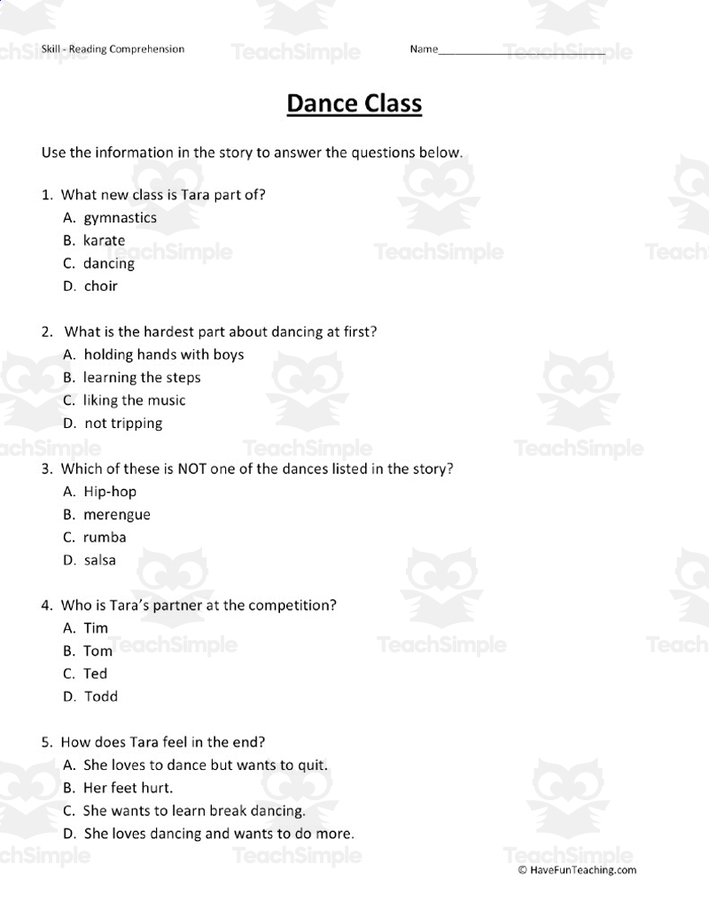 Dance Class Reading Comprehension Worksheet By Teach Simple