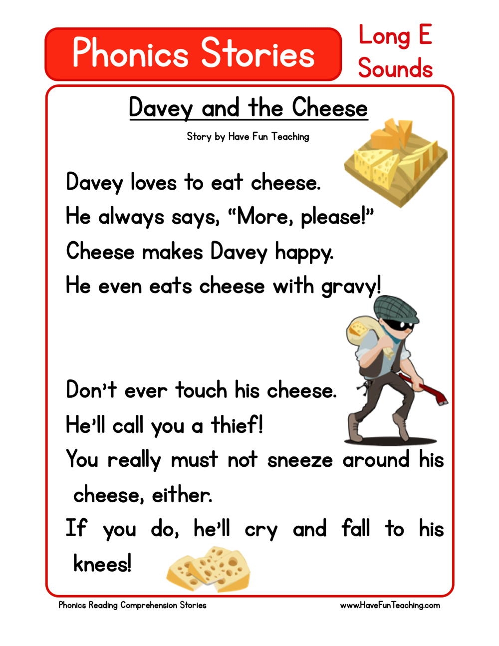 Davey And The Cheese Phonics Reading Comprehension Story Worksheet Long Vowel E Sound Have Fun Teaching