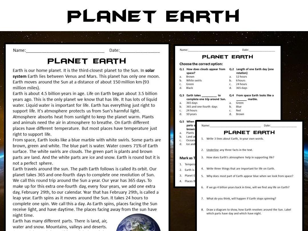 Earth Reading Comprehension Passage And Questions PDF Teaching Resources