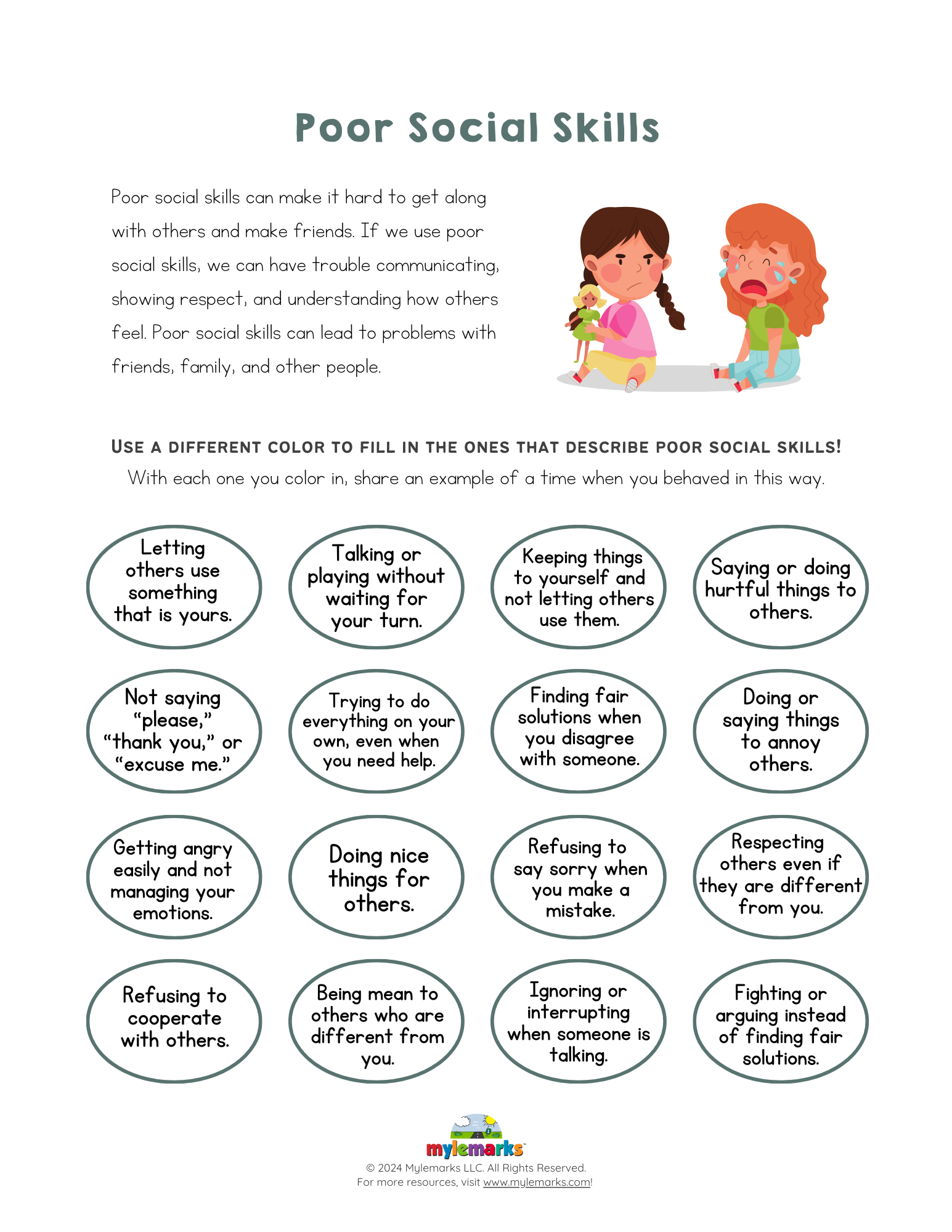 Social Skills Reading Comprehension Worksheets