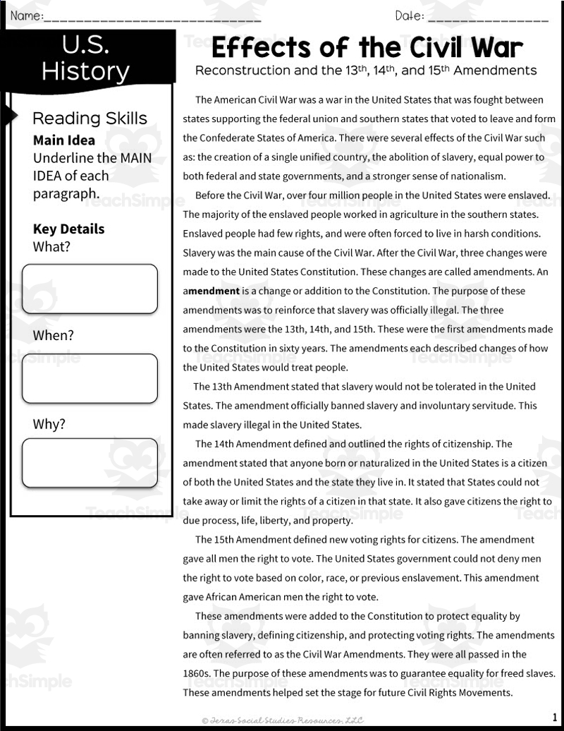 Reconstruction Reading Comprehension Worksheet Pdf
