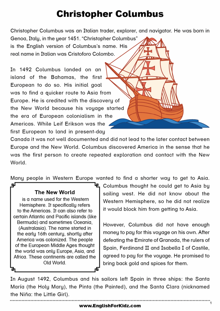 English For Kids Step By Step Columbus Day Worksheets And Reading