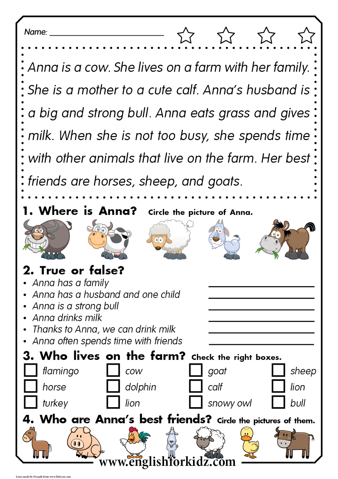 English For Kids Step By Step Reading Comprehension Worksheets Anna The Cow