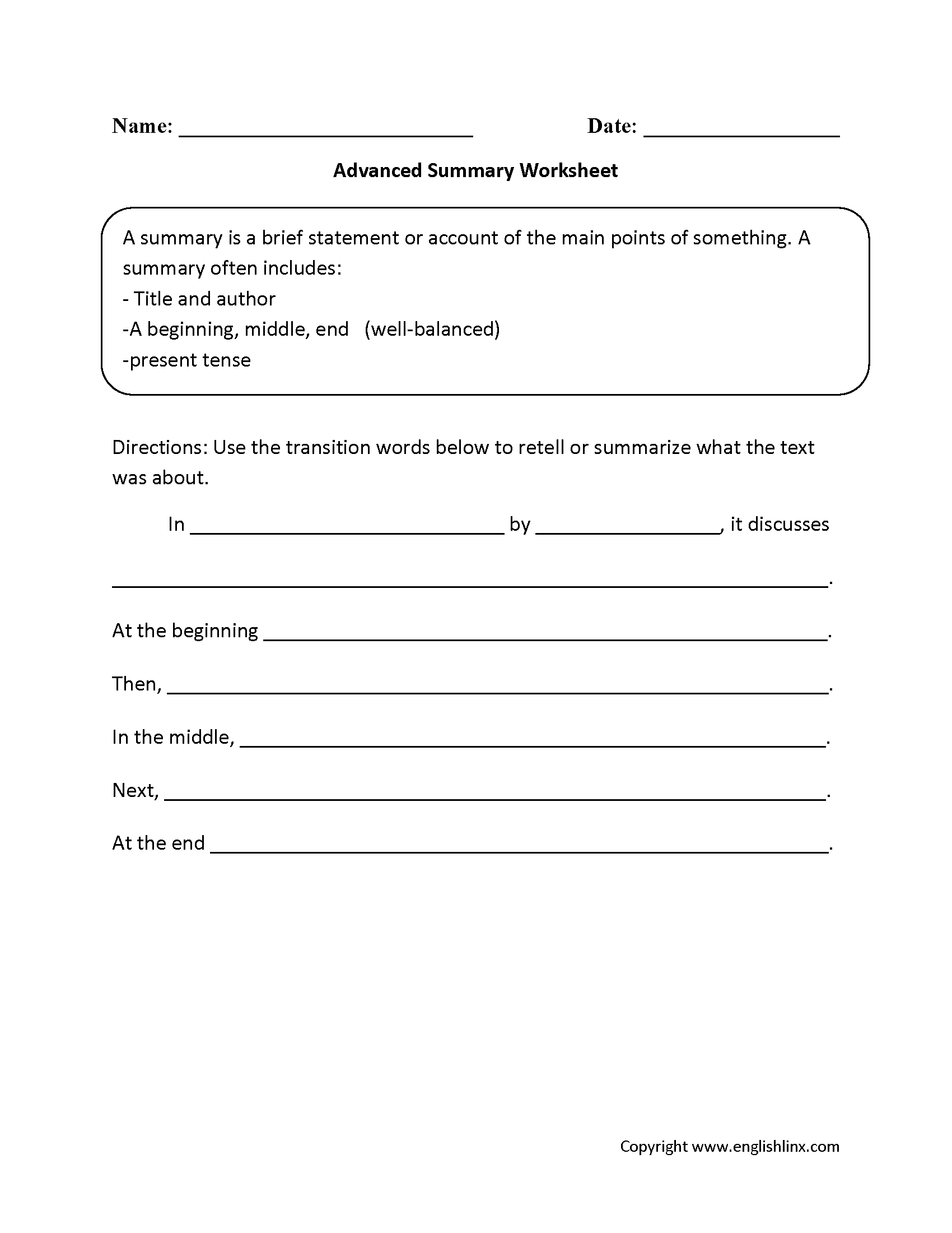 Reading Comprehension Summary Worksheets