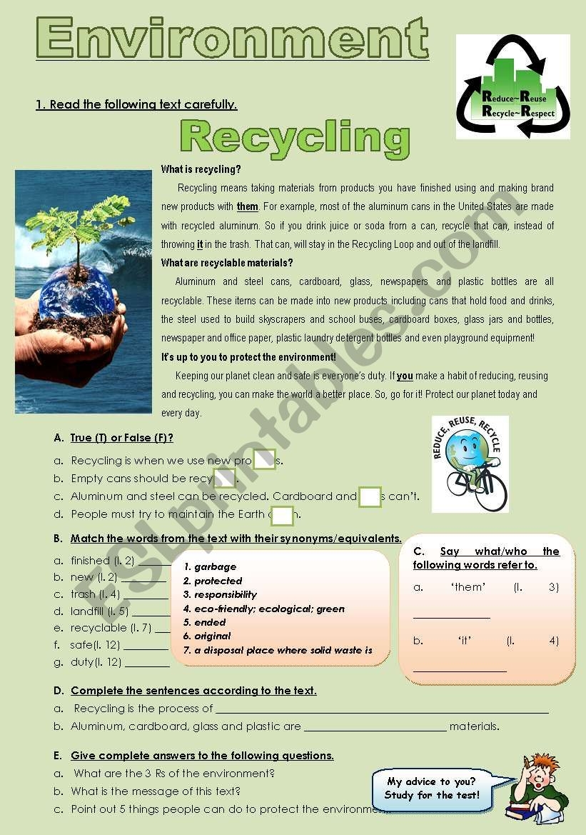 ENVIRONMENT RECYCLING ESL Worksheet By Veraviana