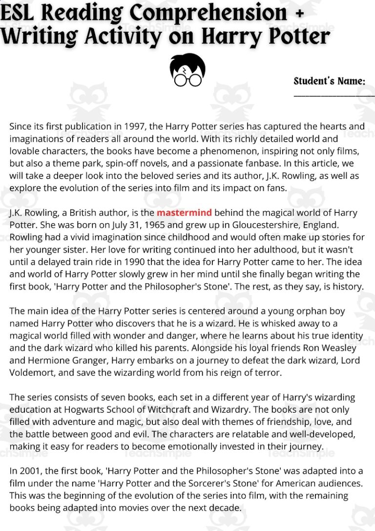 ESL Reading Comprehension Writing Activity Worksheet On Harry Potter