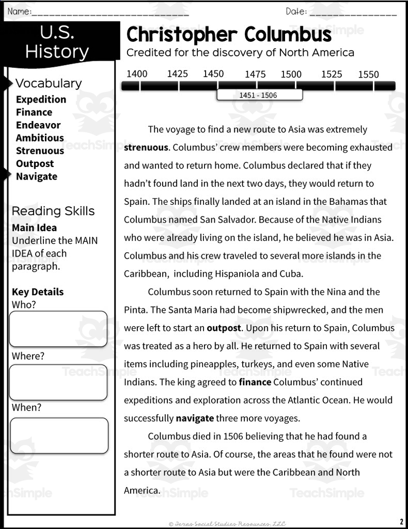 European Exploration With Christopher Columbus Reading Packet