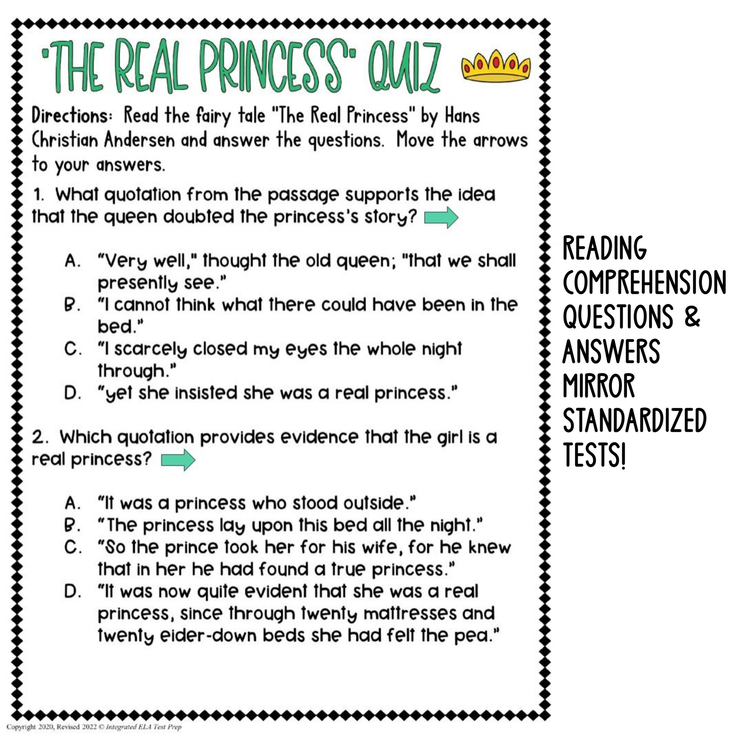Fairy Tale The Princess And The Pea Activities Reading Passage With Questions