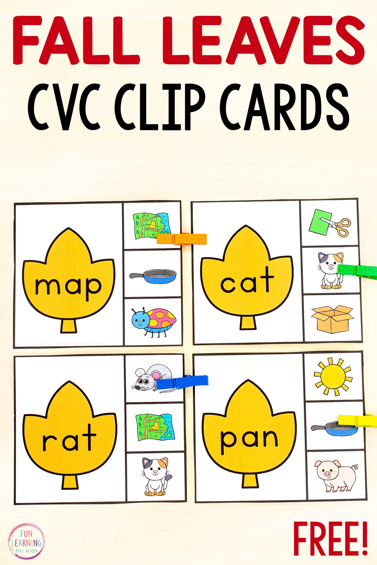 Fall Leaves CVC Clip Cards Free Printable