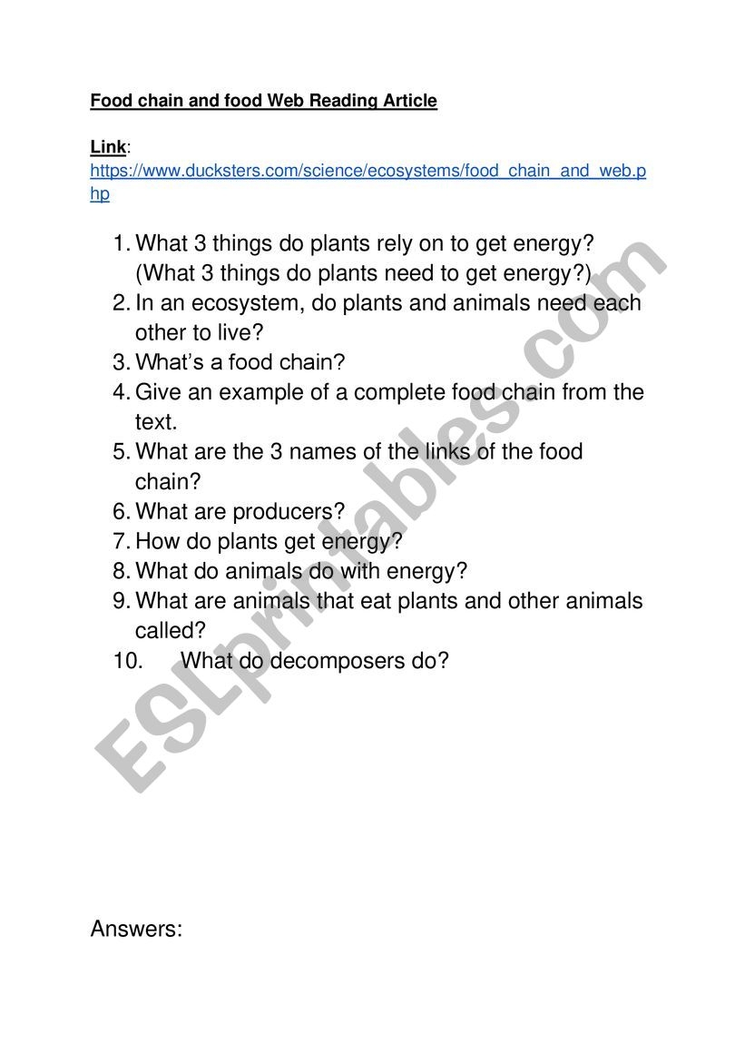 Food Chain And Food Web Reading Article ESL Worksheet By Borotraj