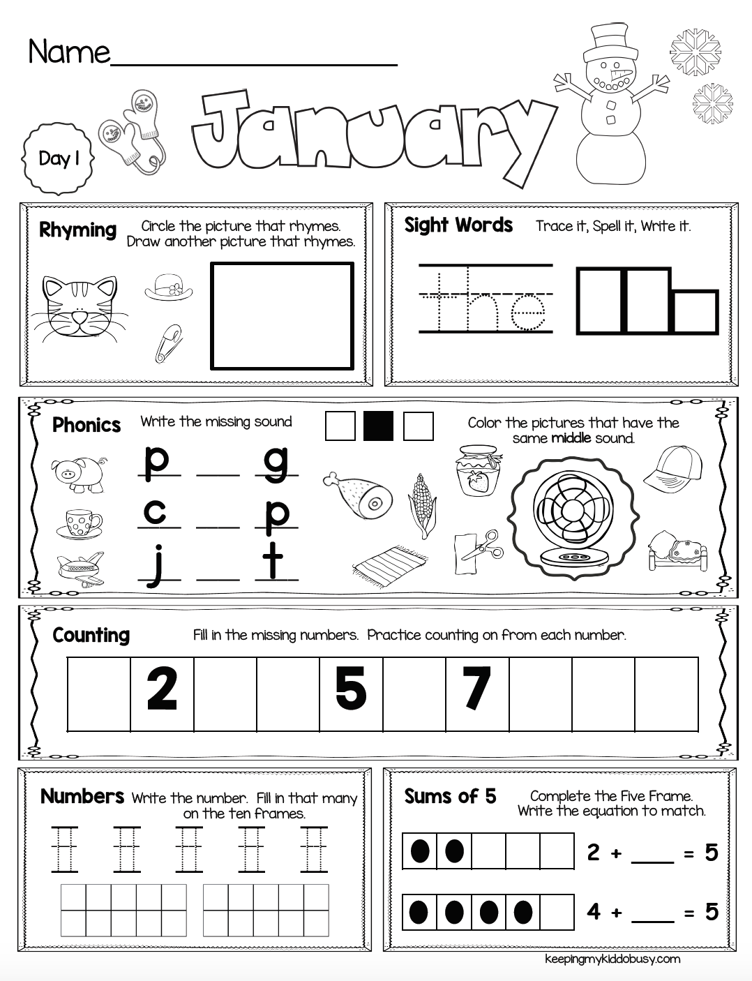Free Week Of January Seat Work For Kindergarten Keeping My Kiddo 