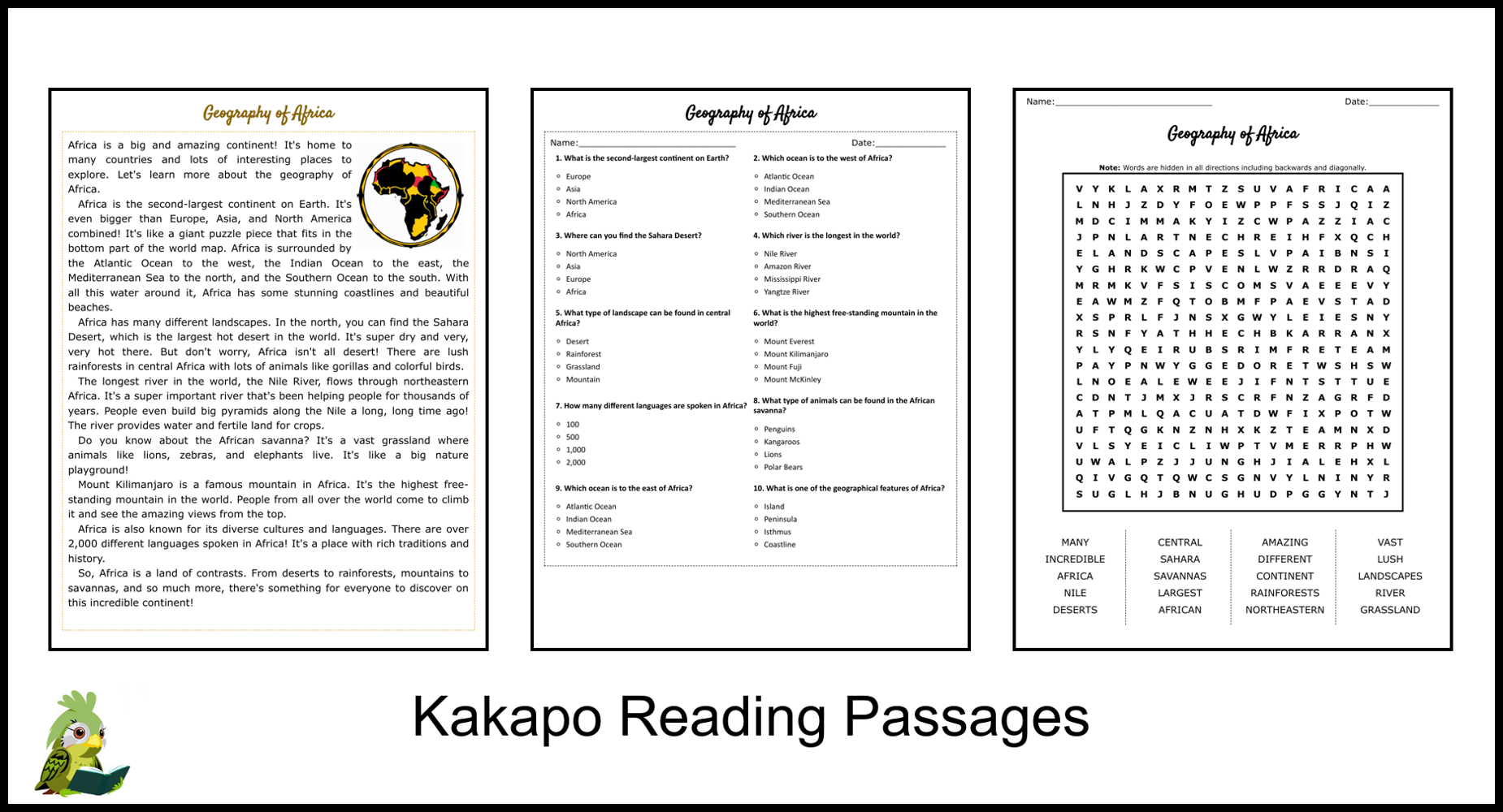 Geography Of Africa Reading Comprehension And Word Search 