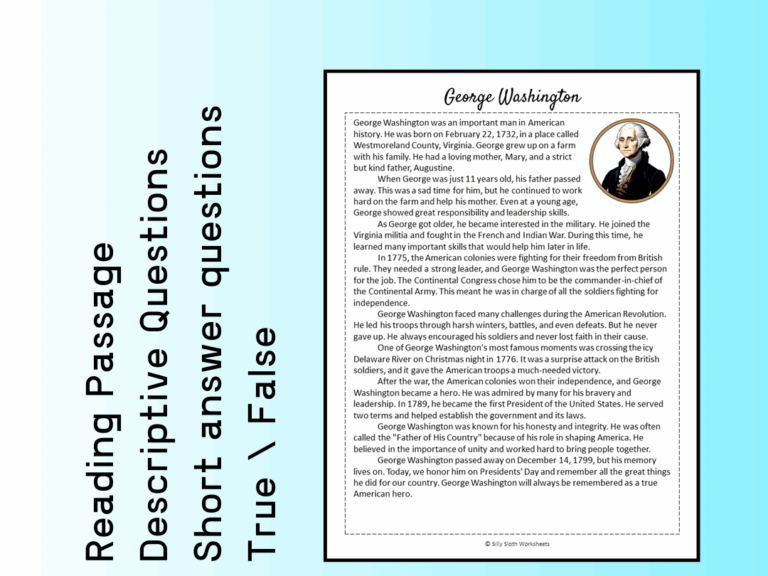George Washington Biography Reading Comprehension Passage Printable Worksheet PDF Teaching Resources