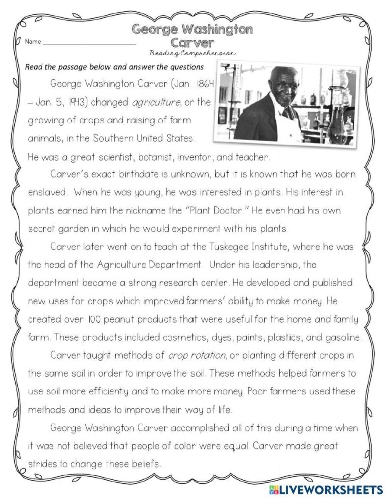 George Washington Carver Reading Comprehension Online Exercise Worksheets Library