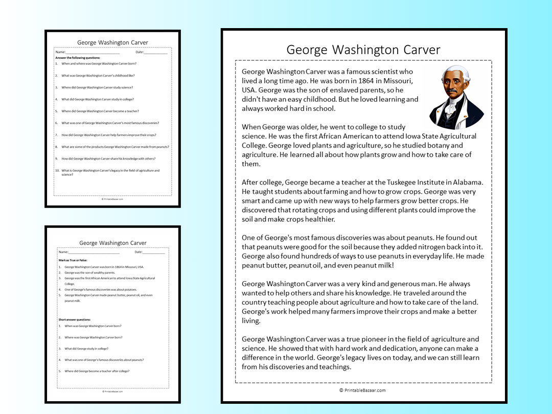 George Washington Carver Reading Comprehension Passage Printable Worksheet Teaching Resources